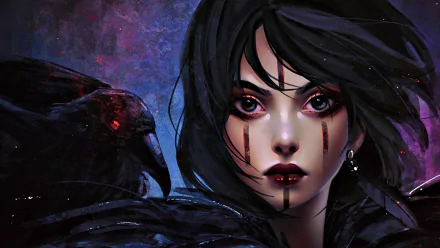 A striking fantasy-themed HD desktop wallpaper featuring a woman with dark hair and dramatic makeup, accompanied by a raven, set against a vivid, mystical background.