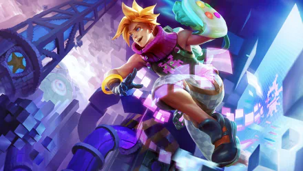 HD PC desktop wallpaper featuring Ezreal, the blonde champion from League of Legends, depicted in vibrant, dynamic video game art style.