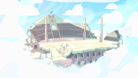 A vibrant HD wallpaper from the TV show *Steven Universe*, featuring a fantastical floating structure against a bright sky with fluffy clouds.