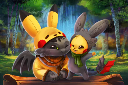 A cute HD desktop wallpaper features a crossover of Toothless from How to Train Your Dragon dressed as Pikachu, and Pikachu dressed as Toothless, set against a vibrant forest background.