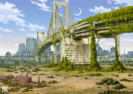 A vibrant anime scene of Shangri-La features a bridge overgrown with greenery, surrounded by a futuristic cityscape under a bright sky, creating a captivating HD desktop wallpaper.