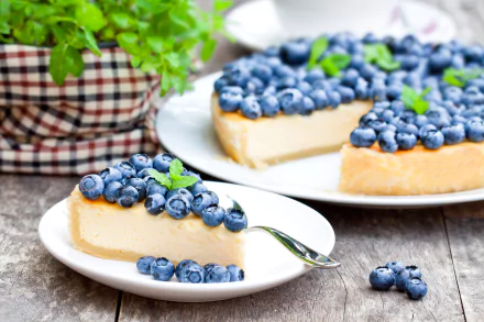 A slice of blueberry pie topped with fresh blueberries and mint leaves on a white plate, with the remaining pie and a potted plant in the background, shown in 4K Ultra HD.