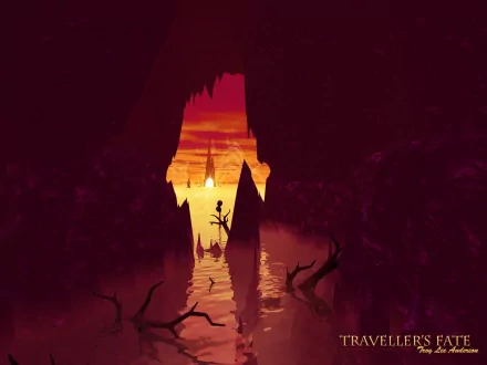 Artistic HD PC desktop wallpaper depicting a fiery orange sunset viewed through jagged dark cave openings, reflecting on a calm water surface with silhouetted branches.