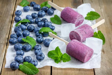 Purple blueberry ice cream popsicles with fresh blueberries, ice cubes, and mint leaves on a rustic wooden surface, captured in vibrant 4K Ultra HD quality.