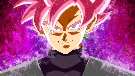 HD desktop wallpaper featuring Black Goku in Super Saiyan Rosé form from Dragon Ball Super, with a vivid purple and pink background.