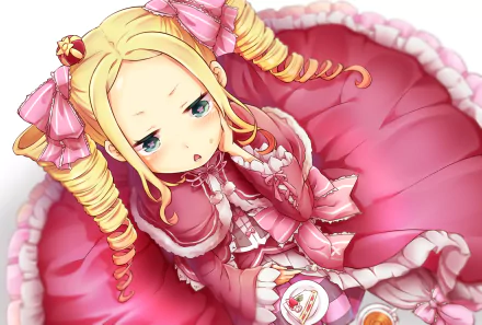 HD PC desktop wallpaper featuring Beatrice from the anime Re:Zero - Starting Life in Another World in a detailed pink dress with intricate ribbons and curls.
