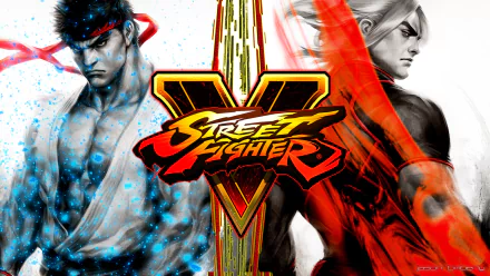 An HD desktop wallpaper featuring characters from Street Fighter V, showcasing dynamic artwork of Ryu and Ken with the iconic Street Fighter logo prominently displayed.