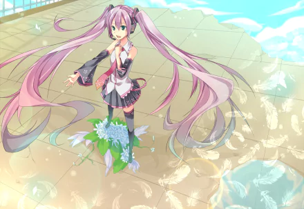 HD anime desktop wallpaper featuring Sakura Miku, the Vocaloid character, with flowing pink twin-tails standing on a sunny pavement with flowers and sky reflections.