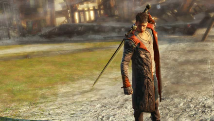 HD PC desktop wallpaper featuring Dante from the video game DmC: Devil May Cry, showcasing the character in a detailed urban environment.