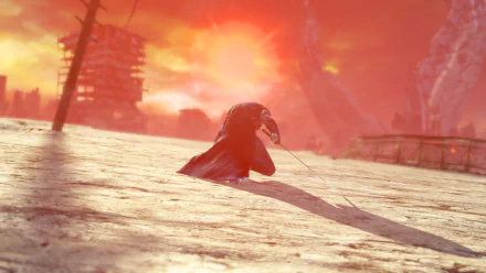 A dramatic HD wallpaper from DmC: Devil May Cry featuring Vergil, set against a striking sunset with a desolate landscape.