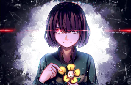 HD desktop wallpaper featuring Chara from Undertale with glowing red eyes, holding Flowey. The character has short, purple hair and is surrounded by a dark, mysterious background.