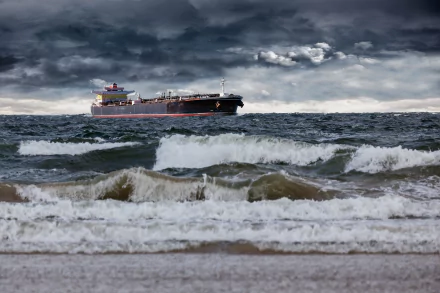A large tanker ship navigates through dark, stormy clouds over an ocean with crashing waves, creating a dramatic backdrop for a high-definition desktop wallpaper.