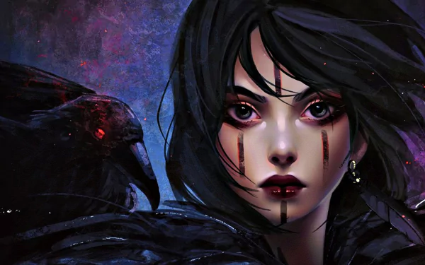 A striking fantasy-themed HD desktop wallpaper featuring a woman with dark hair and dramatic makeup, accompanied by a raven, set against a vivid, mystical background.