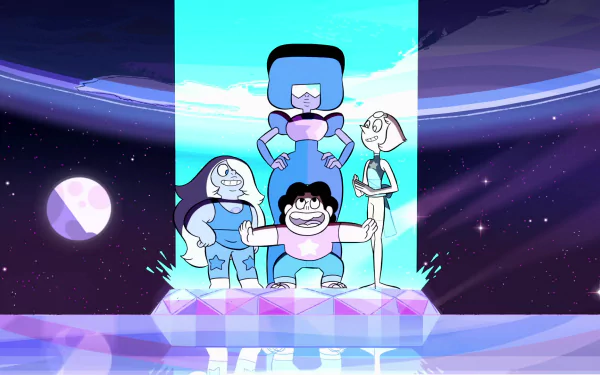 Group of main characters from Steven Universe—Garnet, Amethyst, Pearl, and Steven—posing together against a vibrant, cosmic background. High-definition wallpaper featuring the show's signature style.