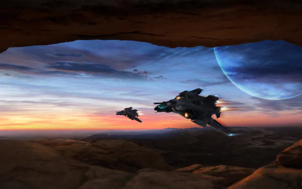A stunning 4K Ultra HD desktop wallpaper depicting two futuristic spaceships flying towards a vibrant horizon, set against a distant planet in the Star Citizen universe.
