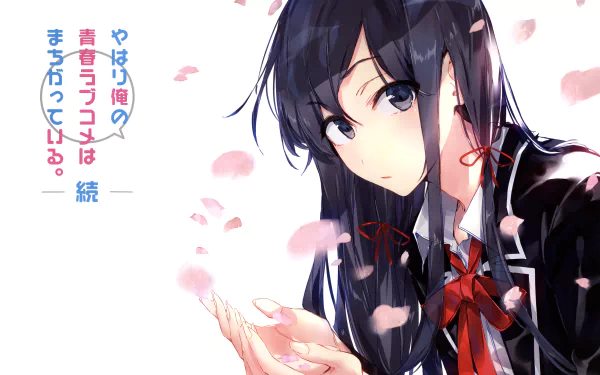 A beautifully illustrated 4K Ultra HD wallpaper featuring Yukino Yukinoshita from the anime My Teen Romantic Comedy SNAFU, surrounded by falling cherry blossom petals.