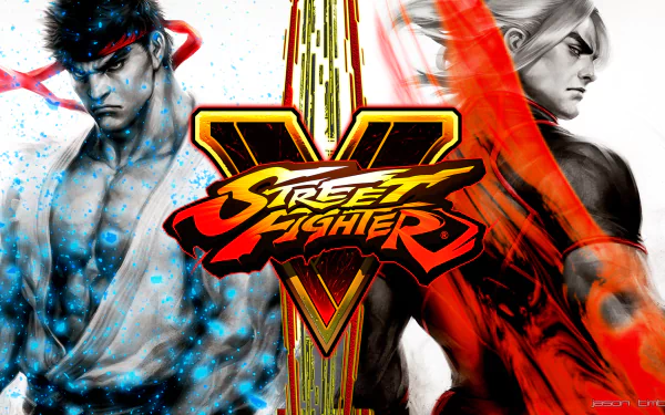 An HD desktop wallpaper featuring characters from Street Fighter V, showcasing dynamic artwork of Ryu and Ken with the iconic Street Fighter logo prominently displayed.