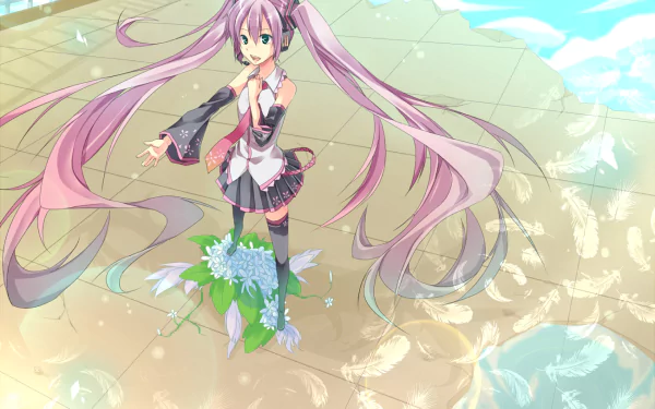HD anime desktop wallpaper featuring Sakura Miku, the Vocaloid character, with flowing pink twin-tails standing on a sunny pavement with flowers and sky reflections.