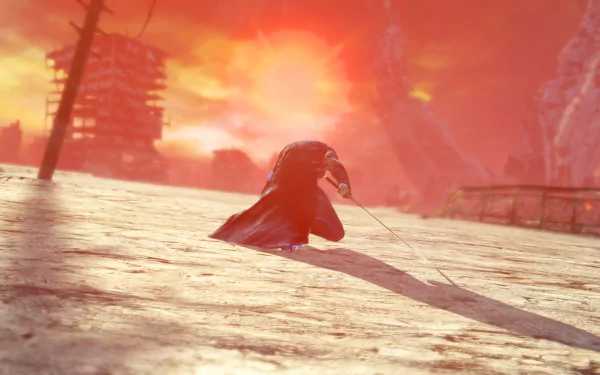 A dramatic HD wallpaper from DmC: Devil May Cry featuring Vergil, set against a striking sunset with a desolate landscape.