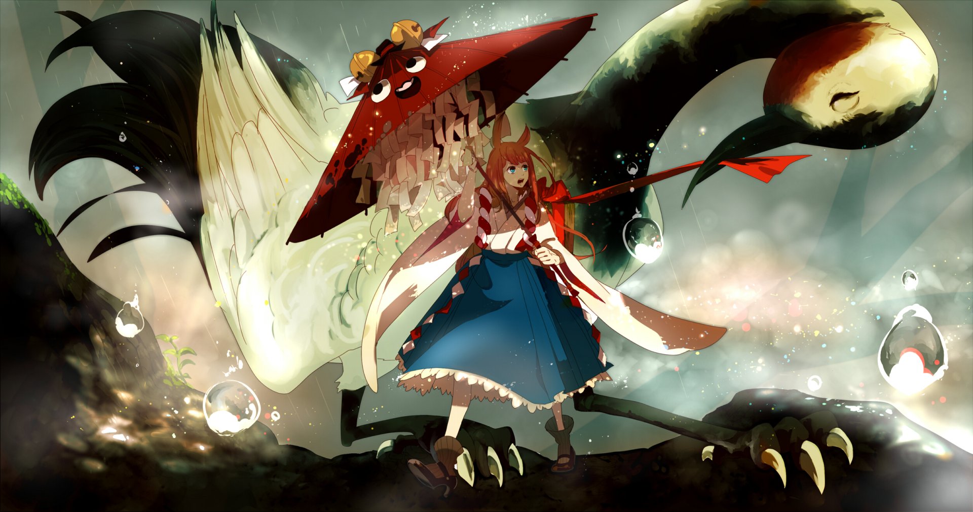 Anime original HD PC desktop wallpaper: red‑ribboned girl in a blue dress faces a towering, toothy mushroom‑capped beast with wings and talons amid misty clouds and floating glowing orbs.