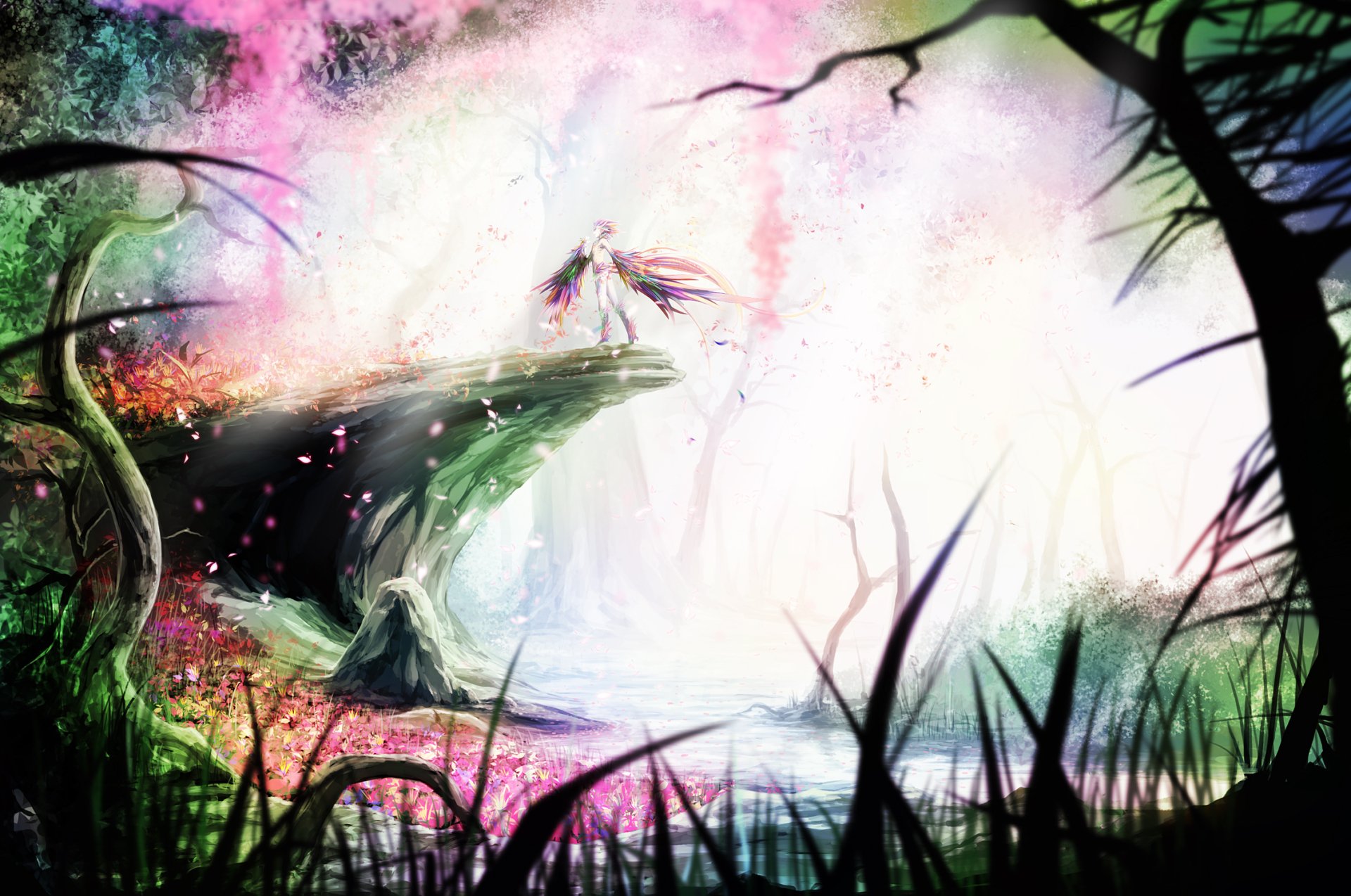 A vibrant anime-inspired landscape features a mystical figure on a cliff, surrounded by colorful foliage and ethereal light, making it an enchanting HD desktop wallpaper.