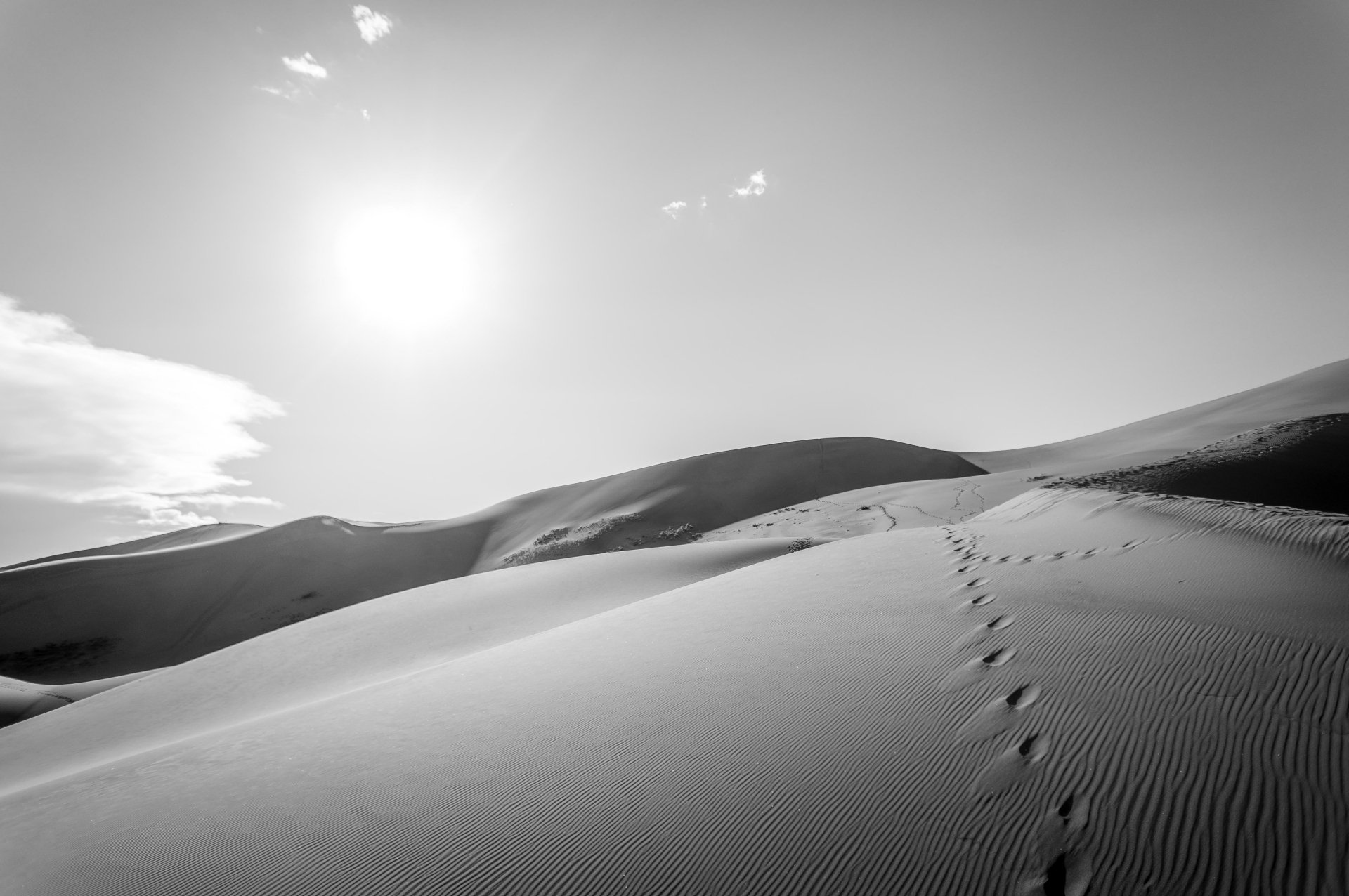 Black and white 4K Ultra HD wallpaper showing a single footprint trail across smooth sand dunes under a bright sun in a desert landscape.