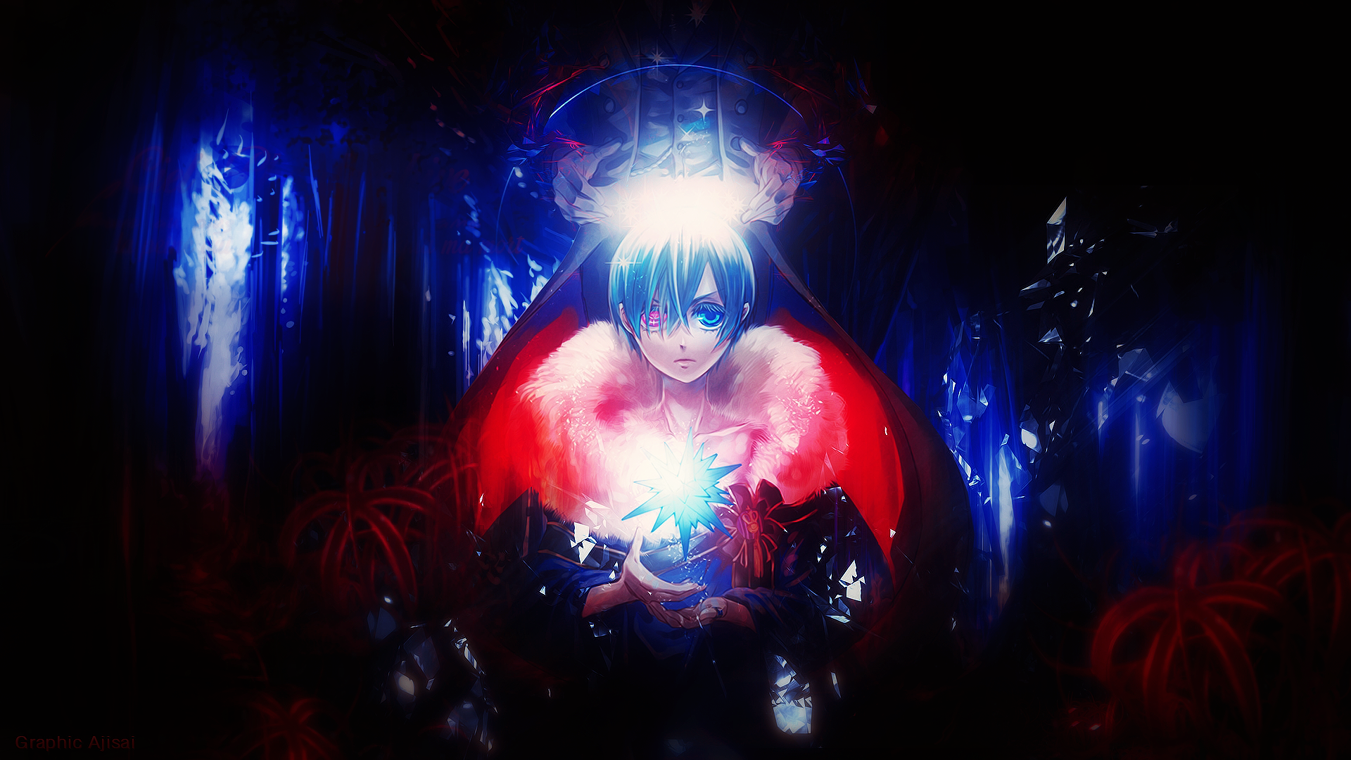 HD anime desktop wallpaper from Black Butler featuring a character with blue hair holding a glowing orb, surrounded by dark, mysterious, and vibrant red and blue hues.