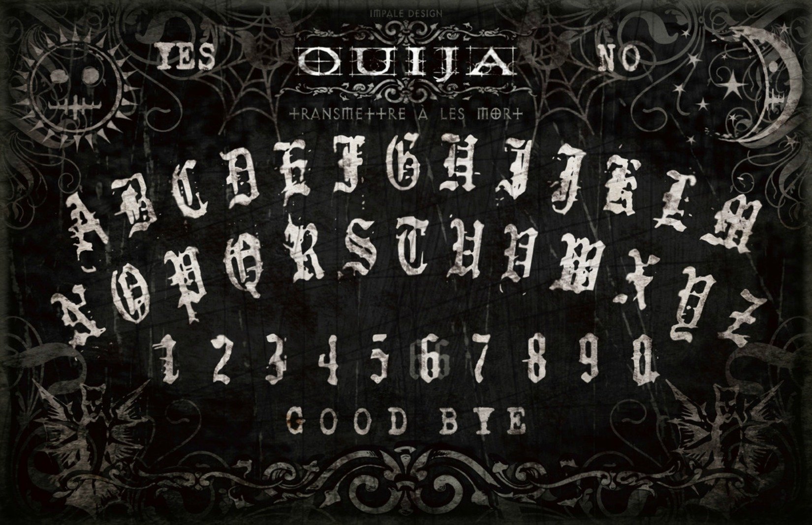 HD PC desktop wallpaper featuring a dark, occult-themed Ouija board design with vintage lettering and mystical symbols.