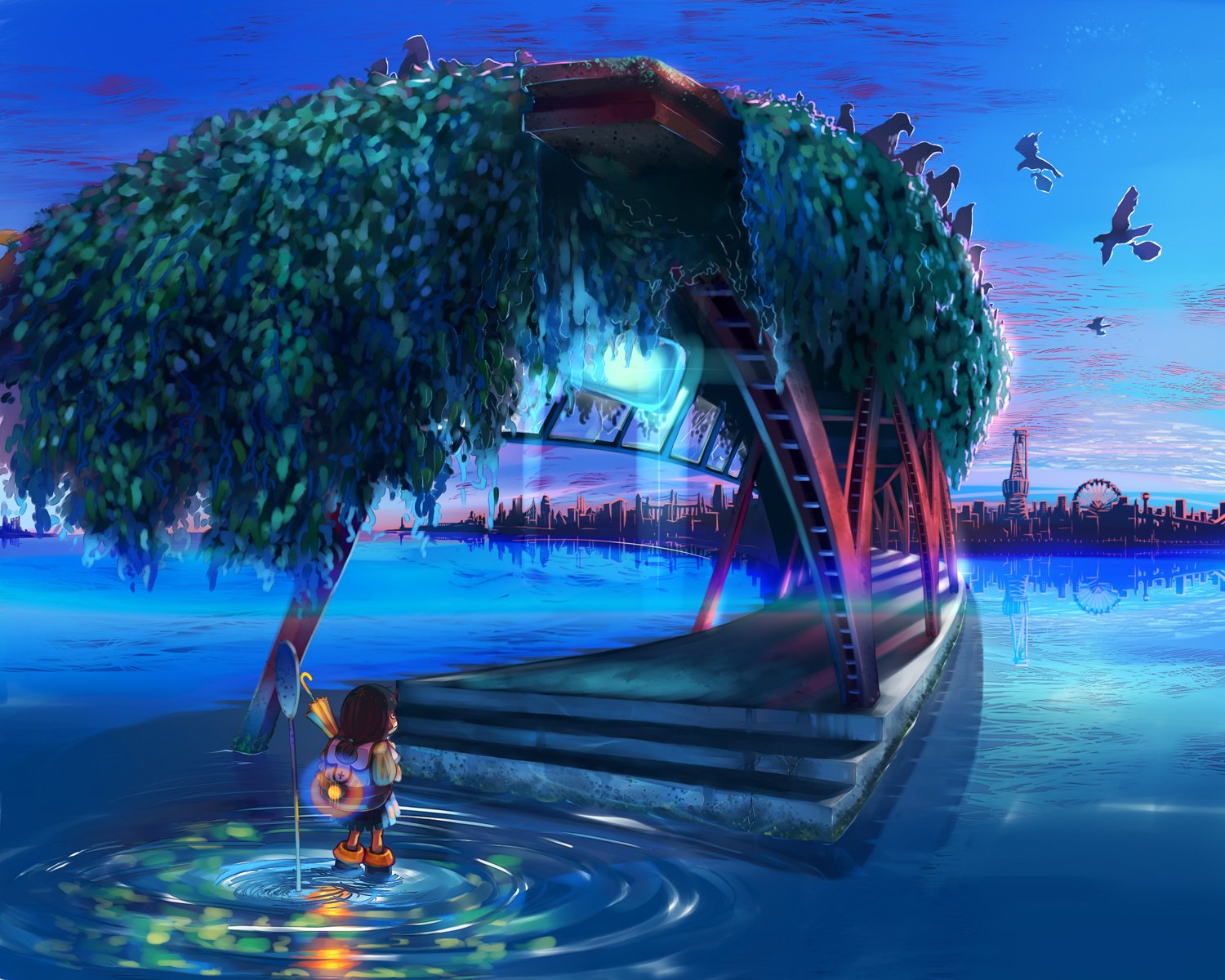 A serene HD desktop wallpaper featuring a character standing near a bridge adorned with lush foliage, overlooking a tranquil body of water and a vibrant city skyline at dusk.