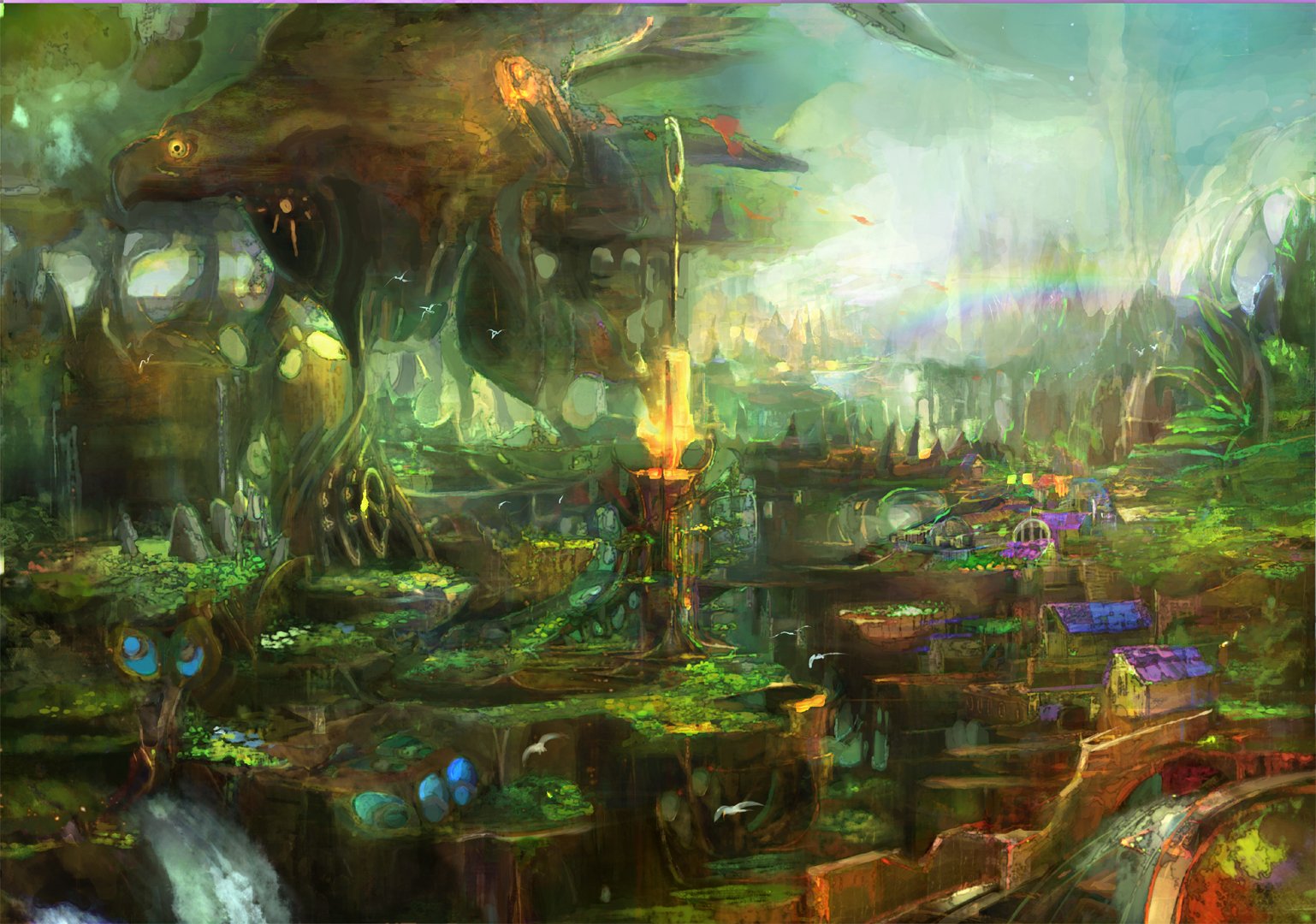 HD fantasy cityscape with vibrant colors and intricate structures, blending nature and architecture in a mystical, otherworldly setting for PC desktop wallpaper.