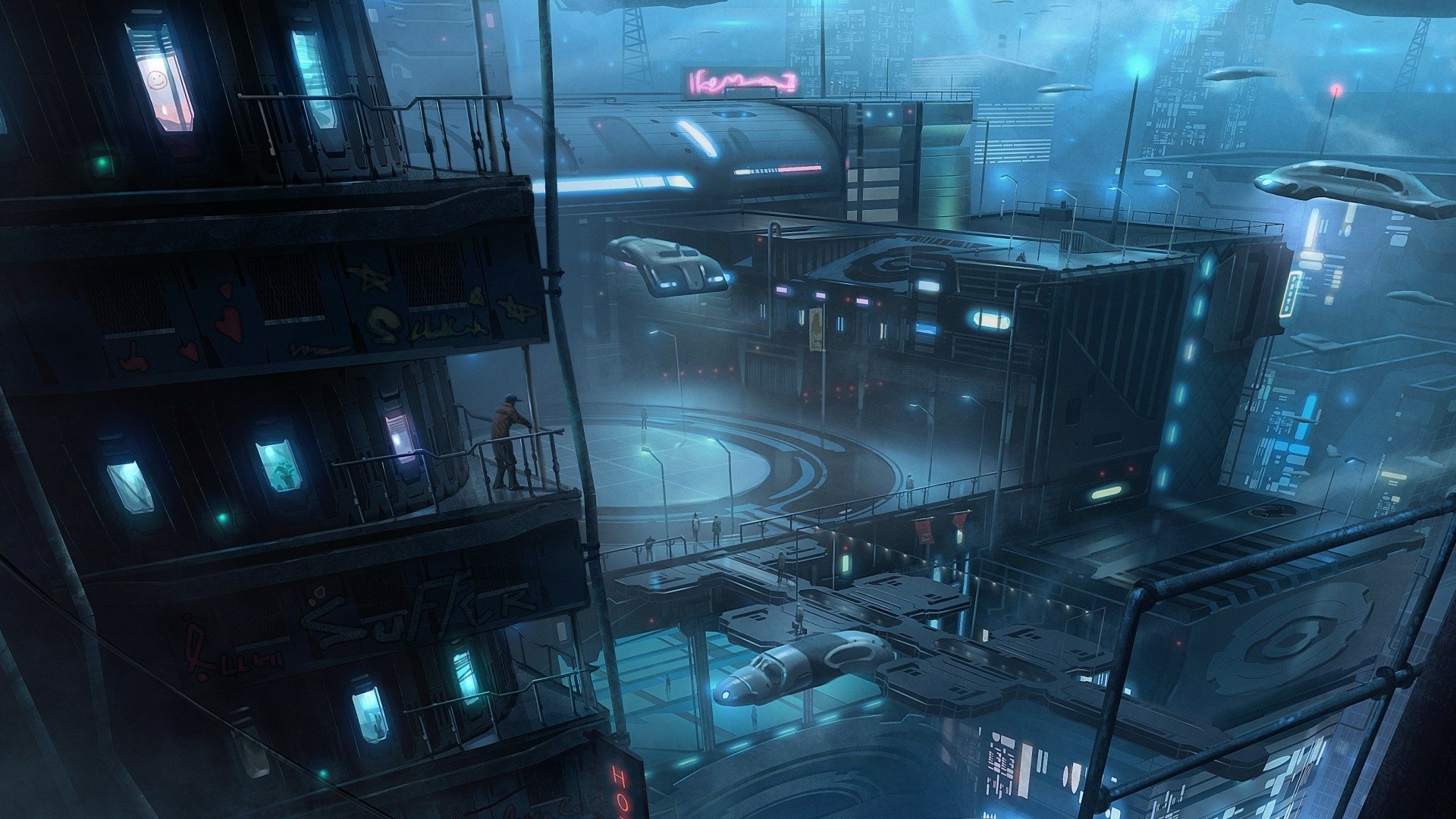 A HD PC desktop wallpaper depicting a sci-fi city with futuristic vehicles navigating neon-lit streets under a misty, blue-toned urban skyline.