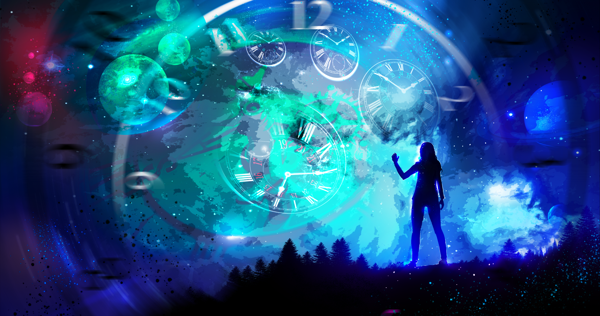 A captivating fantasy anime scene featuring a silhouette against a vibrant cosmic backdrop with clocks and swirling colors, serving as an HD desktop wallpaper.