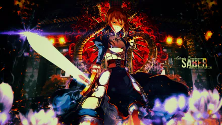 HD wallpaper featuring Saber from the Fate series, showcasing the character in an action pose with a sword, surrounded by a dramatic, vibrant background. Anime-inspired artwork.