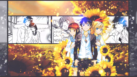 A vibrant HD wallpaper featuring characters from the anime Nisekoi, including Raku Ichijō, Chitoge Kirisaki, and Kosaki Onodera, set against a backdrop of sunflowers and comic panels.