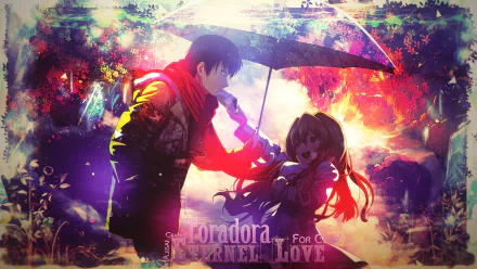 A vibrant HD wallpaper featuring Ryuuji Takasu and Taiga Aisaka from the anime Toradora! under an umbrella, surrounded by a colorful, enchanting background.