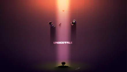 HD desktop wallpaper featuring characters Flowey, Sans, and Frisk from the video game Undertale. The characters are positioned around the title UNDERTALE under a warm, atmospheric light.