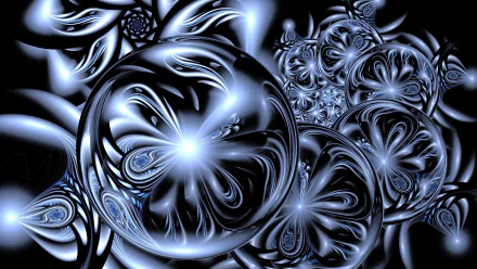Abstract fractal design featuring silver and black hues, showcasing swirling patterns and spherical shapes. A striking HD wallpaper for a modern desktop background.