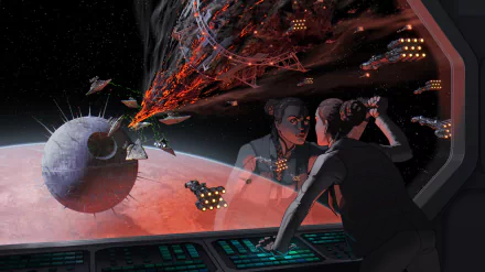 Princess Leia Organa aboard a CR90 Corvette observes a Star Destroyer and the Death Star as spaceships engage in battle, capturing the essence of iconic Star Wars Sci-Fi action.