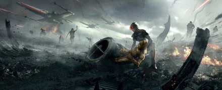 Epic Star Wars battle scene with C-3PO, R2-D2, Han Solo, and X-Wings amid a smoky, war-torn sci-fi battlefield, captured in HD for a PC desktop wallpaper.