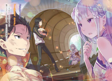 HD wallpaper featuring Subaru Natsuki and Emilia from Re:ZERO - Starting Life in Another World, set in a vibrant scene filled with emotion and fantasy elements.