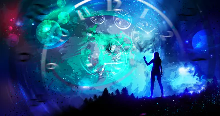 A captivating fantasy anime scene featuring a silhouette against a vibrant cosmic backdrop with clocks and swirling colors, serving as an HD desktop wallpaper.