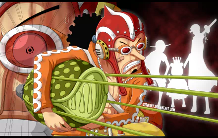 Usopp from One Piece is featured in this vibrant HD anime wallpaper, showcasing his dynamic pose amid striking colors and silhouettes of fellow crew members.