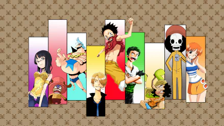 A vibrant HD wallpaper featuring iconic characters from One Piece, including Monkey D. Luffy, Roronoa Zoro, Nami, Sanji, Nico Robin, Franky, Brook, and Tony Tony Chopper.