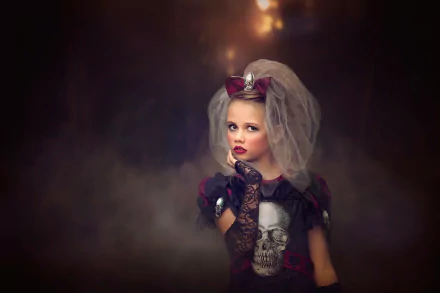 Gothic-themed Halloween portrait of a little girl in elaborate costume and veil, captured in 4K Ultra HD for a striking PC desktop background.