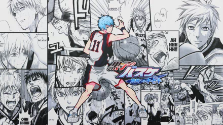 HD wallpaper featuring Tetsuya Kuroko from the anime Kuroko's Basketball, showcasing dynamic basketball scenes and expressive character artwork in a vibrant collage.