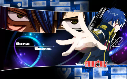 HD anime desktop wallpaper of Jellal Fernandes (Fairy Tail) — intense close-up eyes on left and full-figure Jellal reaching out, casting blue cosmic magic across a dark, sci‑fi background.