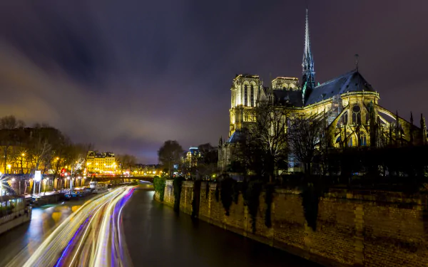 light time lapse cathedral night religious Notre-Dame de Paris HD Desktop Wallpaper | Background Image