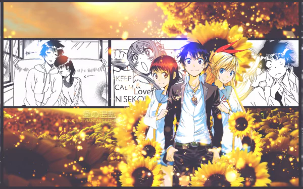 A vibrant HD wallpaper featuring characters from the anime Nisekoi, including Raku Ichijō, Chitoge Kirisaki, and Kosaki Onodera, set against a backdrop of sunflowers and comic panels.