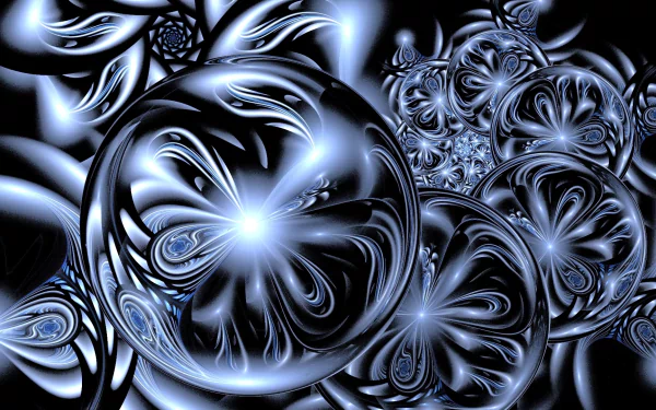 Abstract fractal design featuring silver and black hues, showcasing swirling patterns and spherical shapes. A striking HD wallpaper for a modern desktop background.