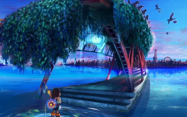 A serene HD desktop wallpaper featuring a character standing near a bridge adorned with lush foliage, overlooking a tranquil body of water and a vibrant city skyline at dusk.